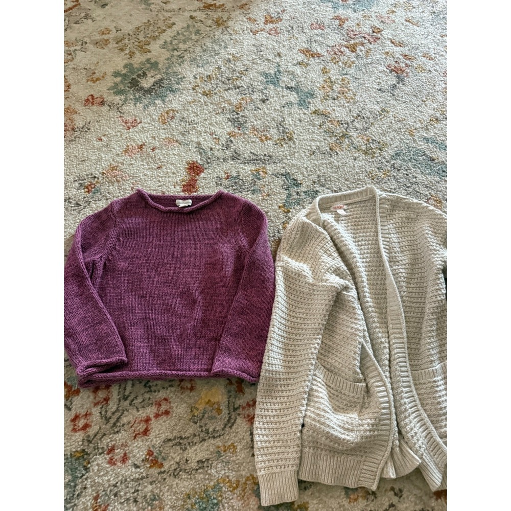Garnet Hill Kids Purple Pullover & Cat Jack Cream Cardigan Sweater Lot Girls M 8